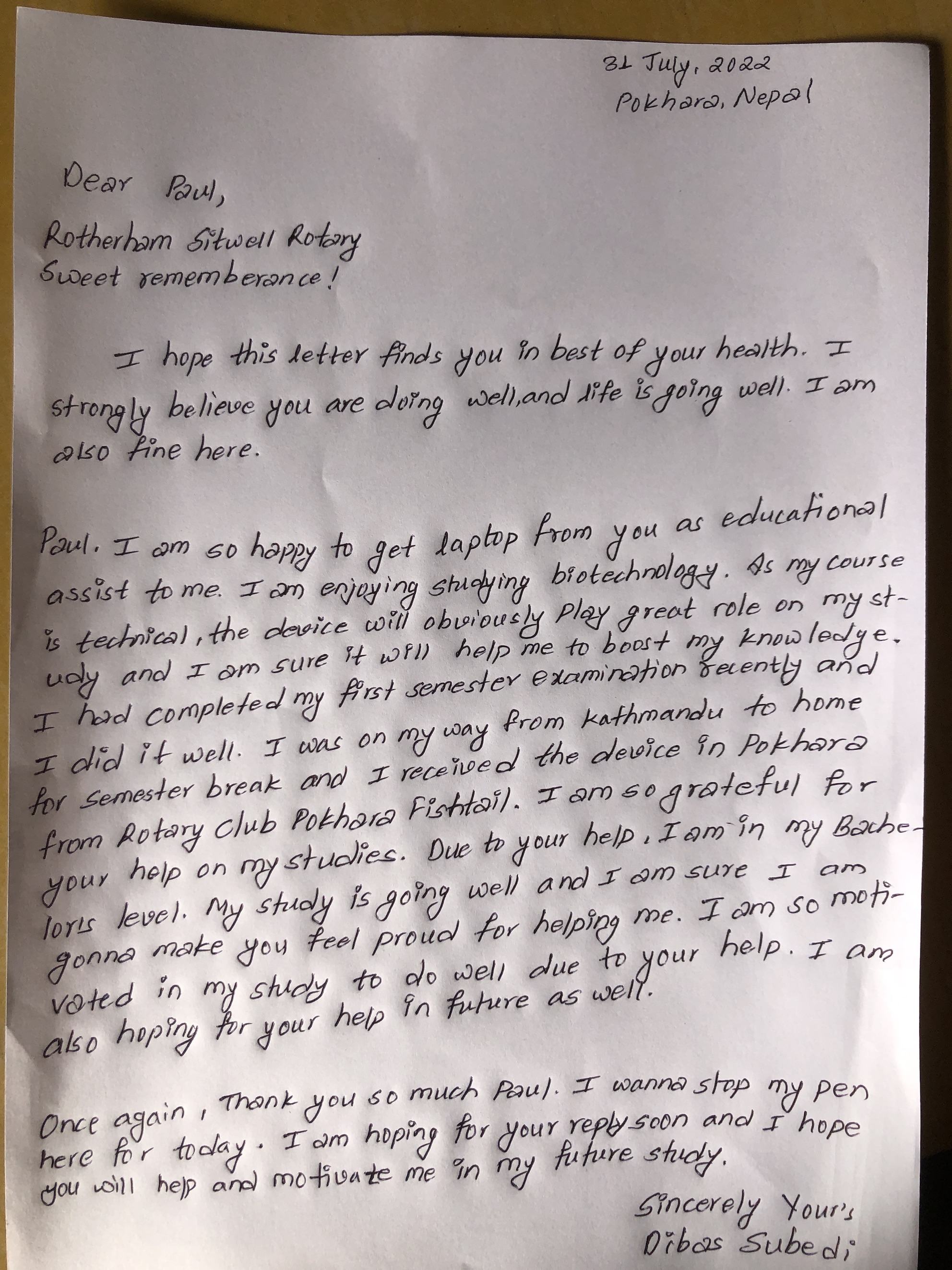Letter from Dibas to Paul 